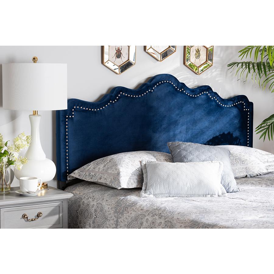 Royal Blue Velvet Fabric Upholstered King Size Headboard. Picture 17