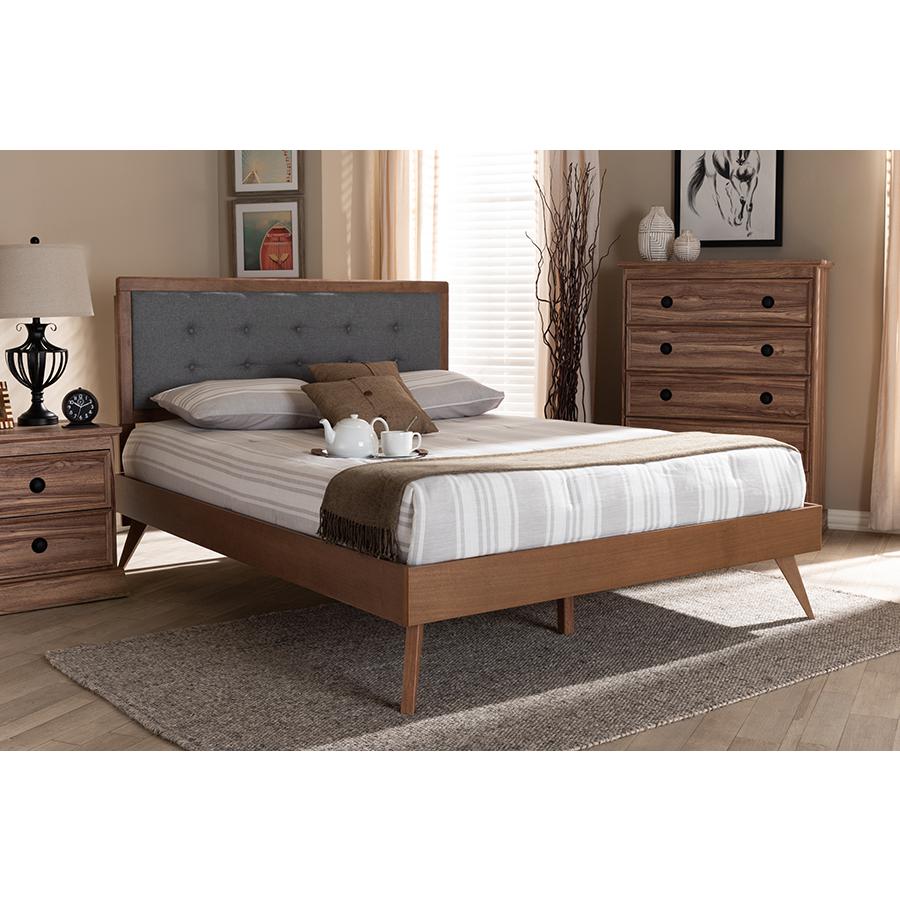 Dark Grey Fabric Upholstered Walnut Brown Finished Wood King Size Platform Bed. Picture 21