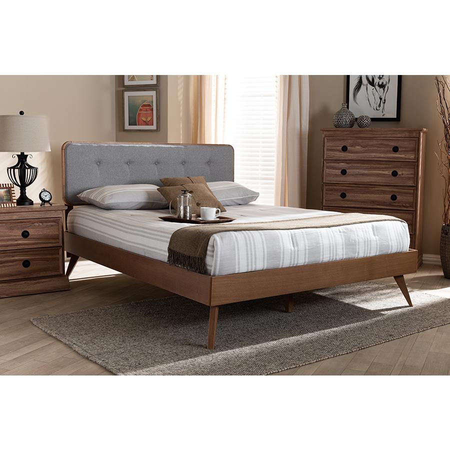 Light Grey Fabric Upholstered Walnut Brown Finished Wood King Size Platform Bed. Picture 21