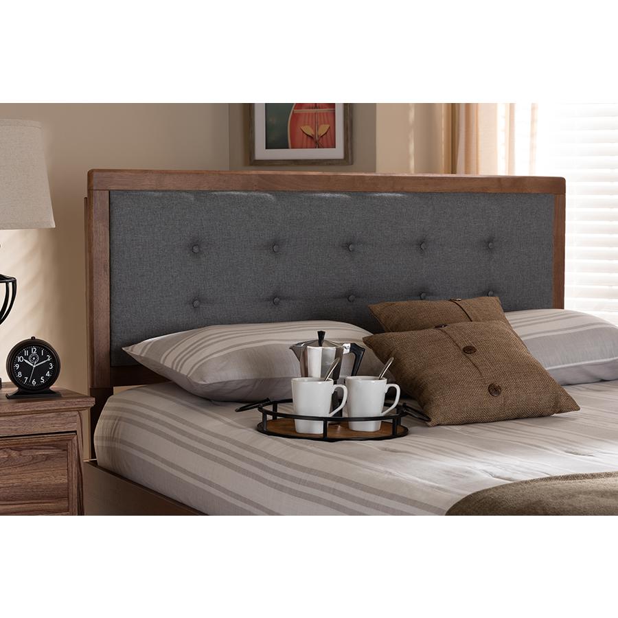 Dark Grey Fabric Upholstered Walnut Brown Finished Wood King Size Headboard. Picture 17