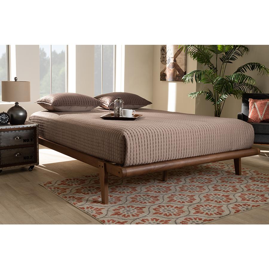Kaia Mid-Century Modern Walnut Brown Finished Wood King Size Platform Bed Frame. Picture 19