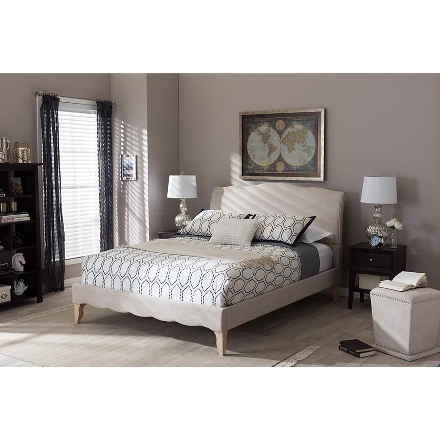 Fannie French Classic Modern Style Beige Linen Fabric Queen Size Platform Bed. Picture 11