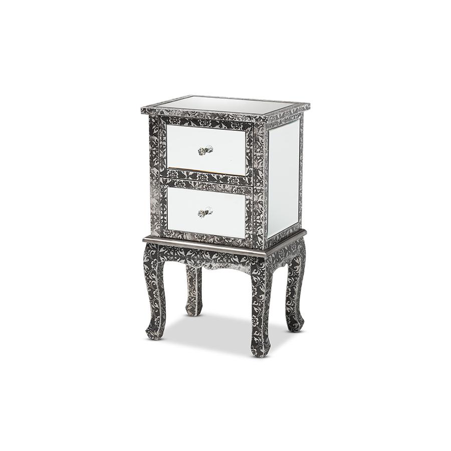 Baxton Studio Wycliff Industrial Glam and Luxe Silver Finished Metal and Mirrored Glass 2-Drawer Nightstand. Picture 1