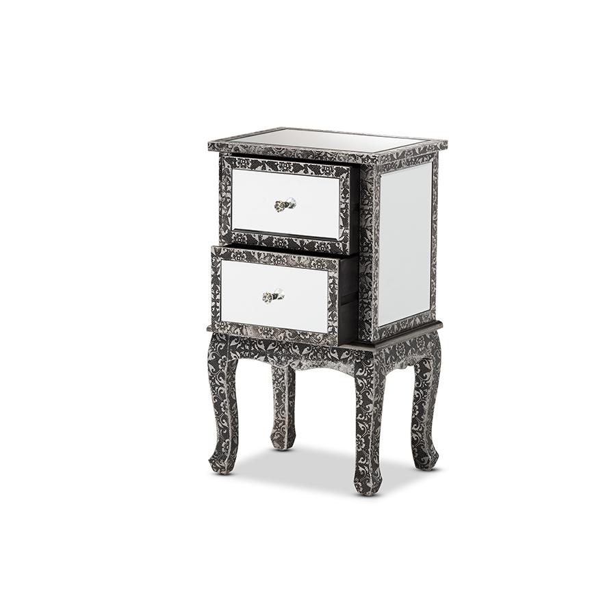 Baxton Studio Wycliff Industrial Glam and Luxe Silver Finished Metal and Mirrored Glass 2-Drawer Nightstand. Picture 2
