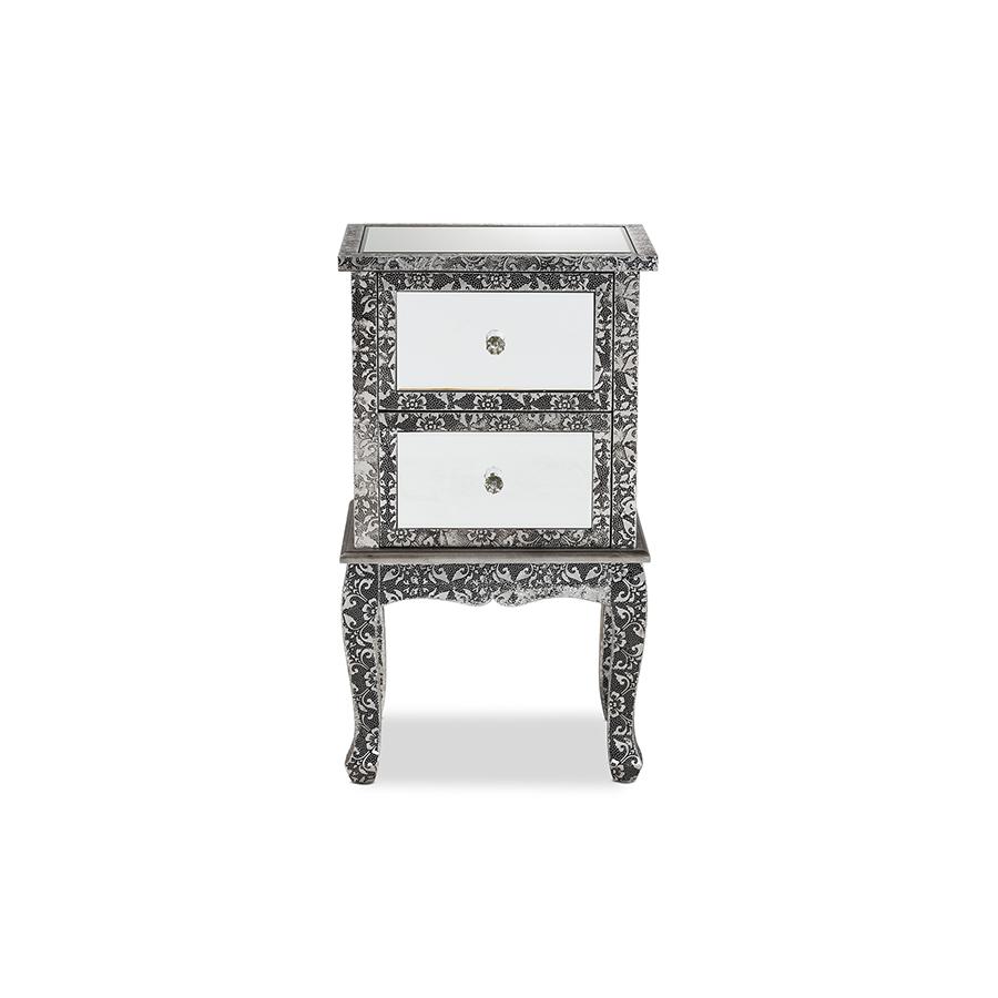 Baxton Studio Wycliff Industrial Glam and Luxe Silver Finished Metal and Mirrored Glass 2-Drawer Nightstand. Picture 3