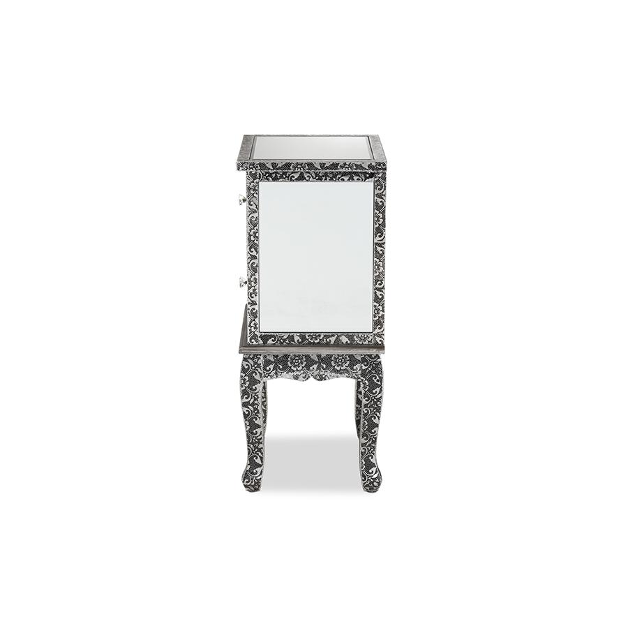 Baxton Studio Wycliff Industrial Glam and Luxe Silver Finished Metal and Mirrored Glass 2-Drawer Nightstand. Picture 4