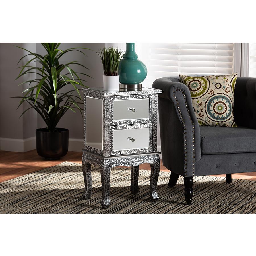 Baxton Studio Wycliff Industrial Glam and Luxe Silver Finished Metal and Mirrored Glass 2-Drawer Nightstand. Picture 7
