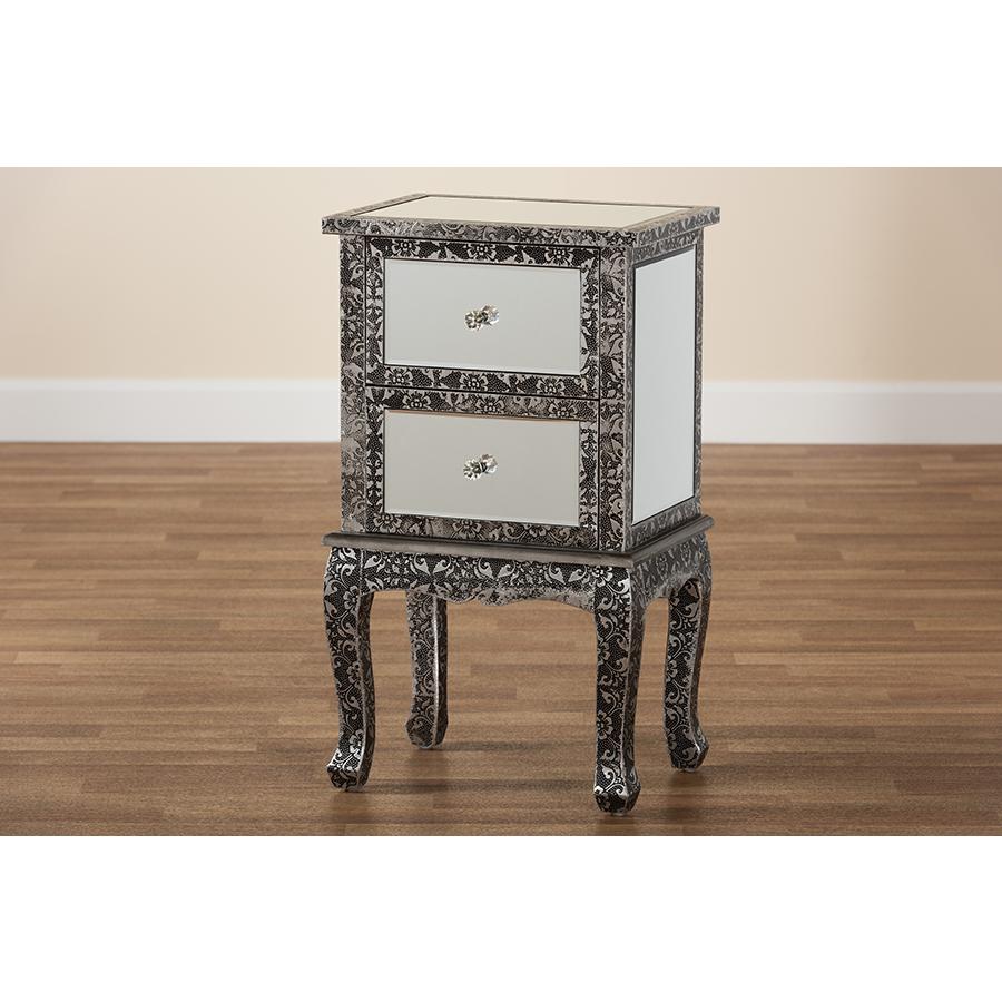 Baxton Studio Wycliff Industrial Glam and Luxe Silver Finished Metal and Mirrored Glass 2-Drawer Nightstand. Picture 8
