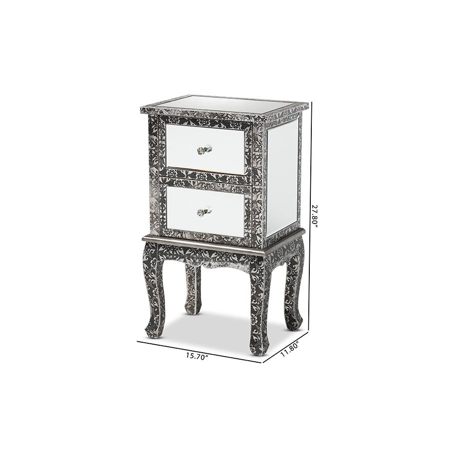Baxton Studio Wycliff Industrial Glam and Luxe Silver Finished Metal and Mirrored Glass 2-Drawer Nightstand. Picture 9