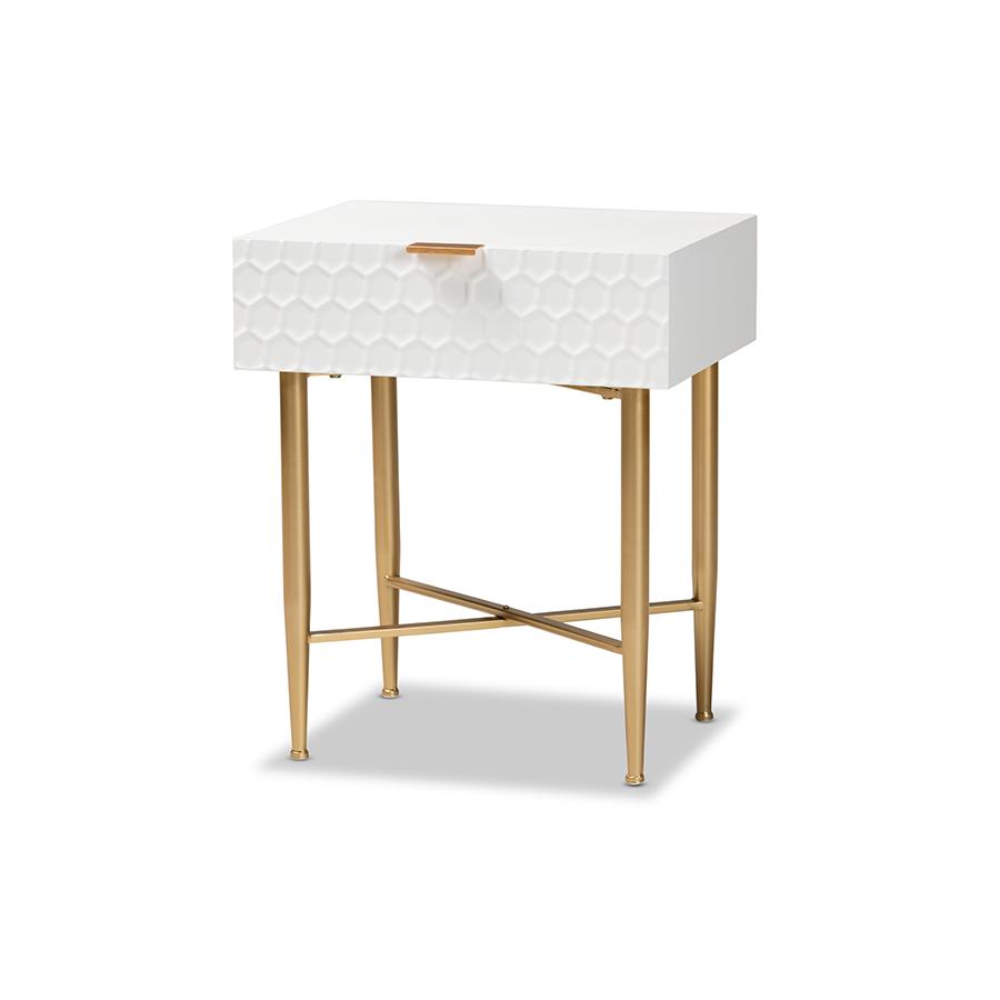 Baxton Studio Marcin Contemporary Glam and Luxe White Finished Wood and Gold Metal 1-Drawer Nightstand. The main picture.