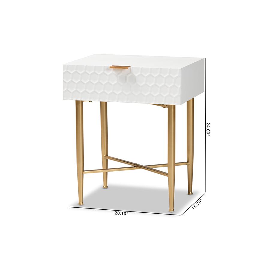 Baxton Studio Marcin Contemporary Glam and Luxe White Finished Wood and Gold Metal 1-Drawer Nightstand. Picture 10