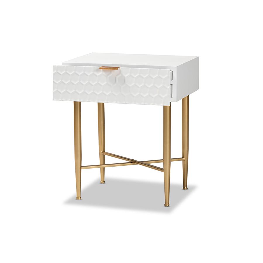 Baxton Studio Marcin Contemporary Glam and Luxe White Finished Wood and Gold Metal 1-Drawer Nightstand. Picture 2