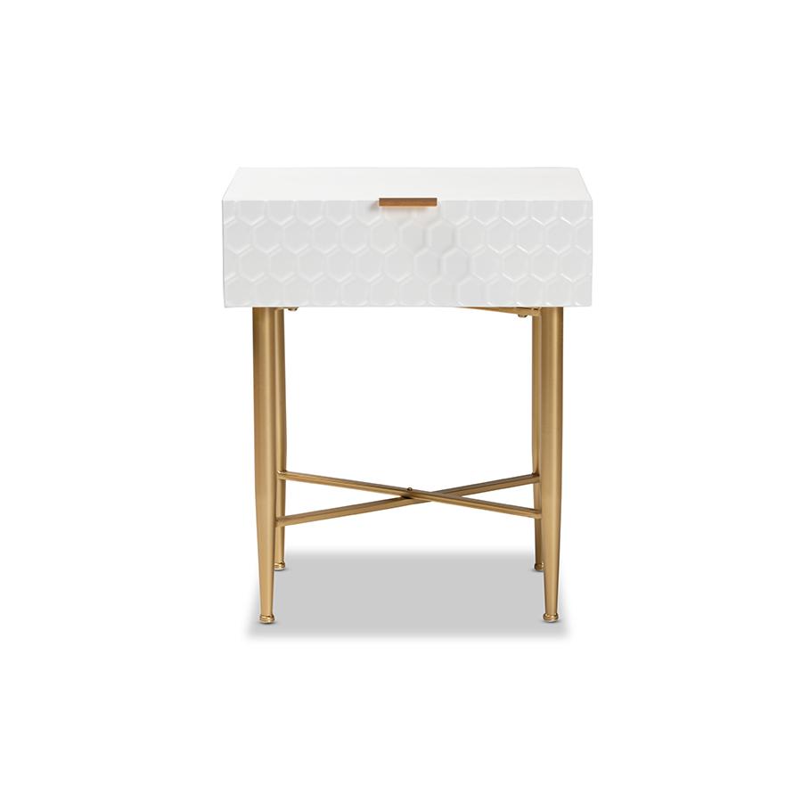 Baxton Studio Marcin Contemporary Glam and Luxe White Finished Wood and Gold Metal 1-Drawer Nightstand. Picture 3