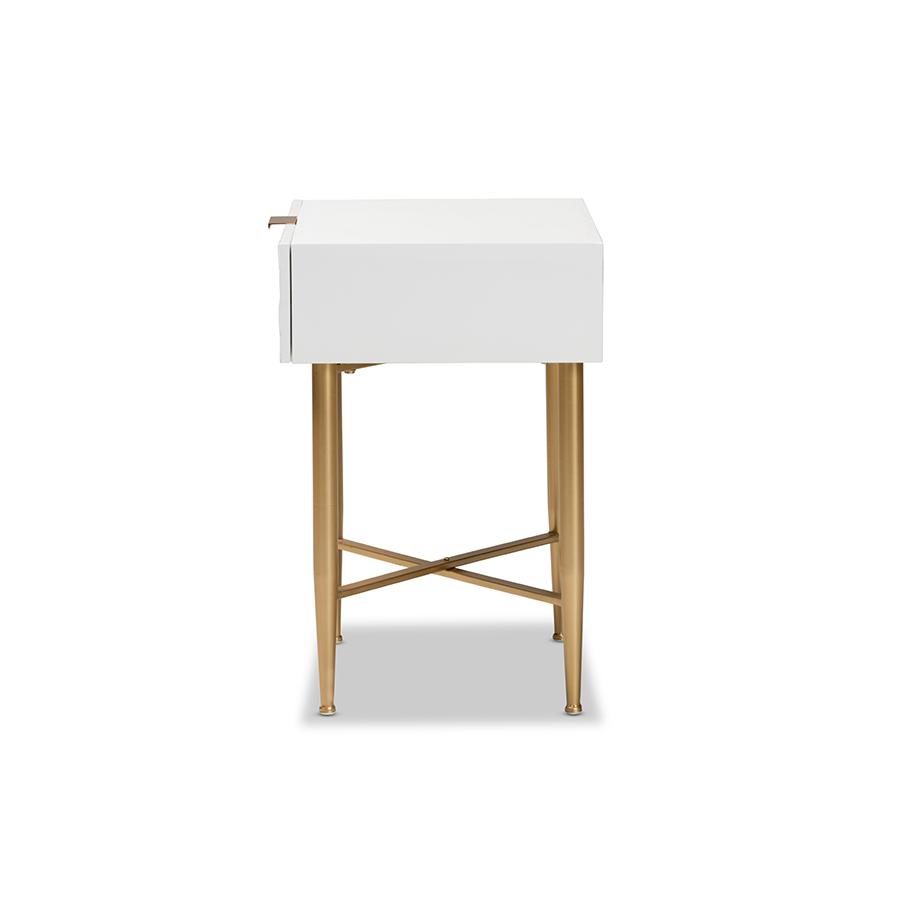 Baxton Studio Marcin Contemporary Glam and Luxe White Finished Wood and Gold Metal 1-Drawer Nightstand. Picture 4