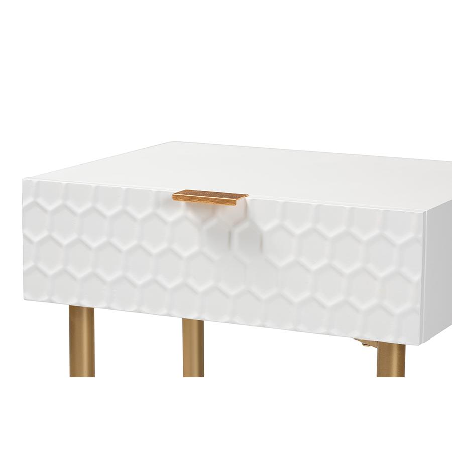 Baxton Studio Marcin Contemporary Glam and Luxe White Finished Wood and Gold Metal 1-Drawer Nightstand. Picture 5