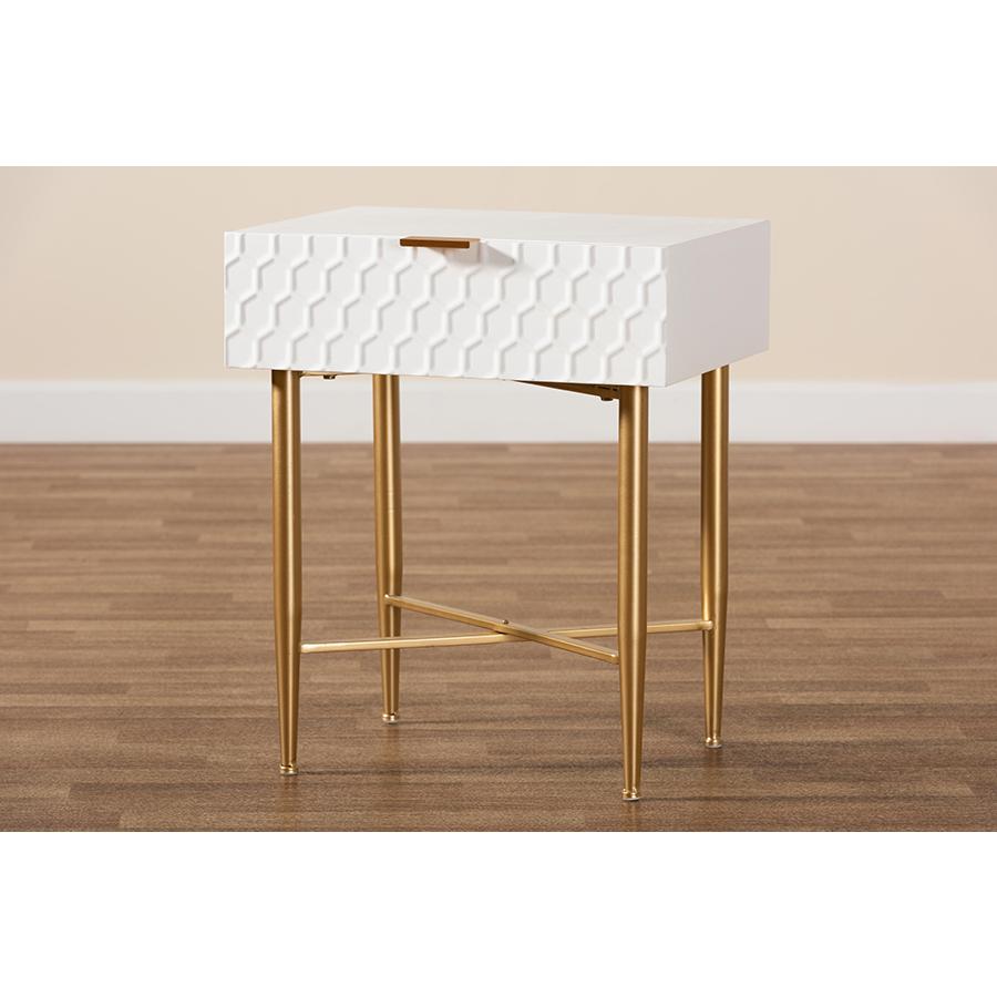 Baxton Studio Marcin Contemporary Glam and Luxe White Finished Wood and Gold Metal 1-Drawer Nightstand. Picture 9
