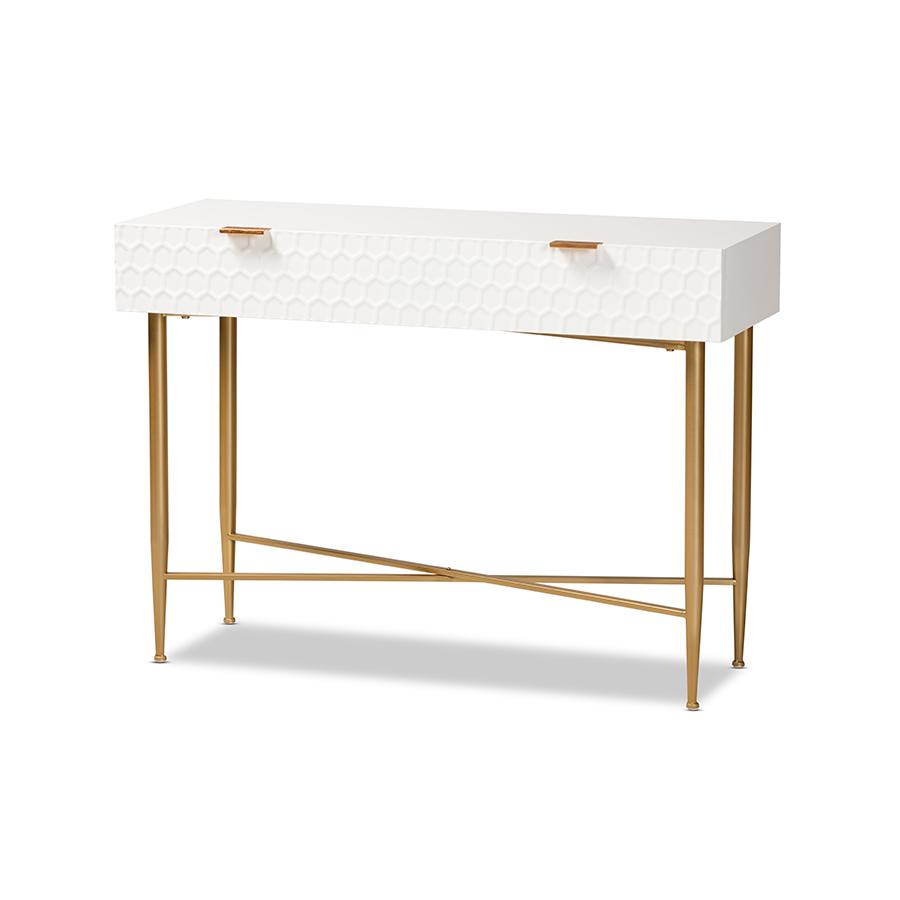 White Finished Wood and Gold Metal 1-Drawer Console Table. Picture 1