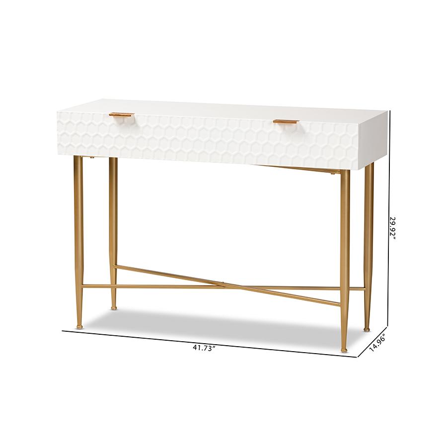 White Finished Wood and Gold Metal 1-Drawer Console Table. Picture 10