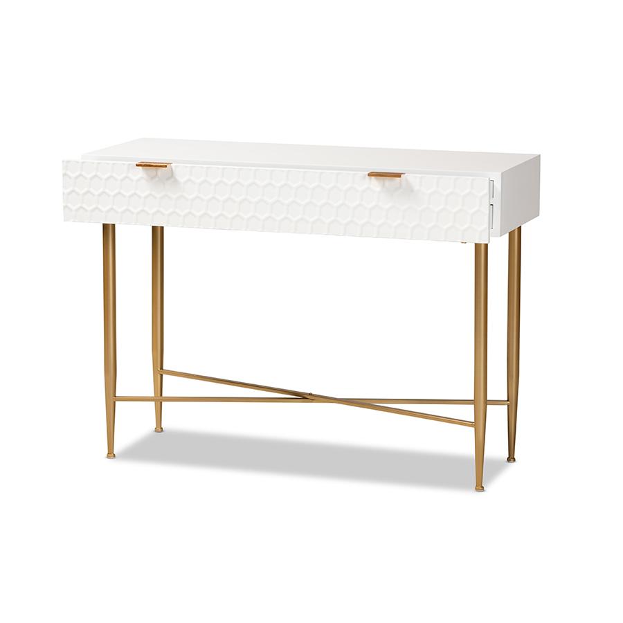 White Finished Wood and Gold Metal 1-Drawer Console Table. Picture 2