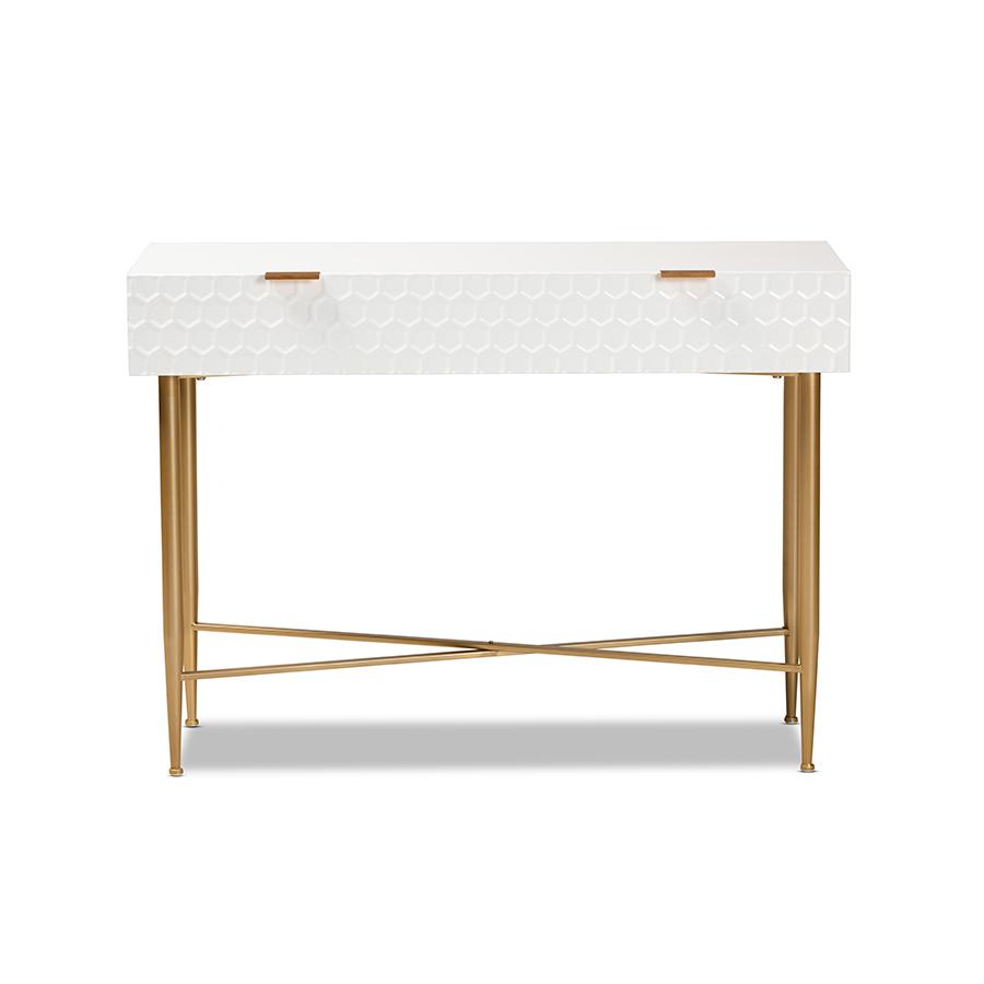 White Finished Wood and Gold Metal 1-Drawer Console Table. Picture 3