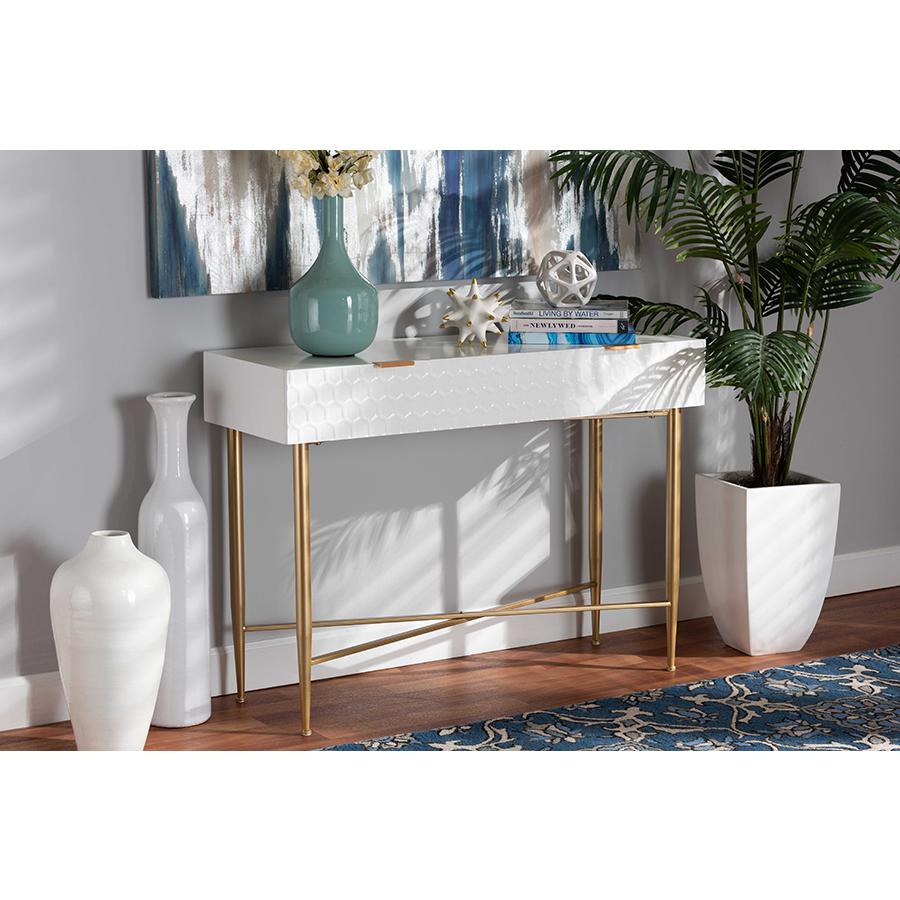 White Finished Wood and Gold Metal 1-Drawer Console Table. Picture 8