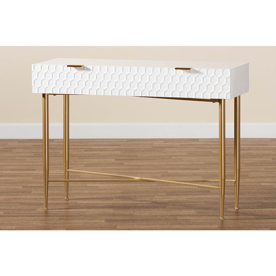 White Finished Wood and Gold Metal 1-Drawer Console Table. Picture 9