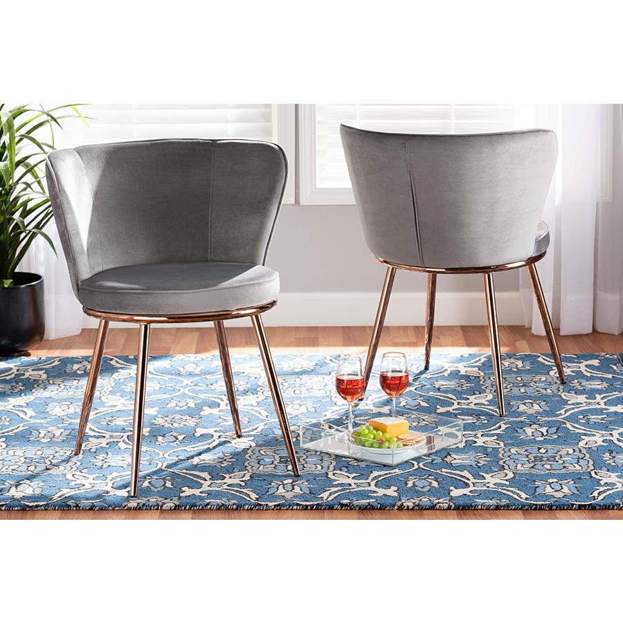 Baxton Studio Farah Modern Luxe and Glam Grey Velvet Fabric Upholstered and Rose Gold Finished Metal 2-Piece Dining Chair Set. The main picture.