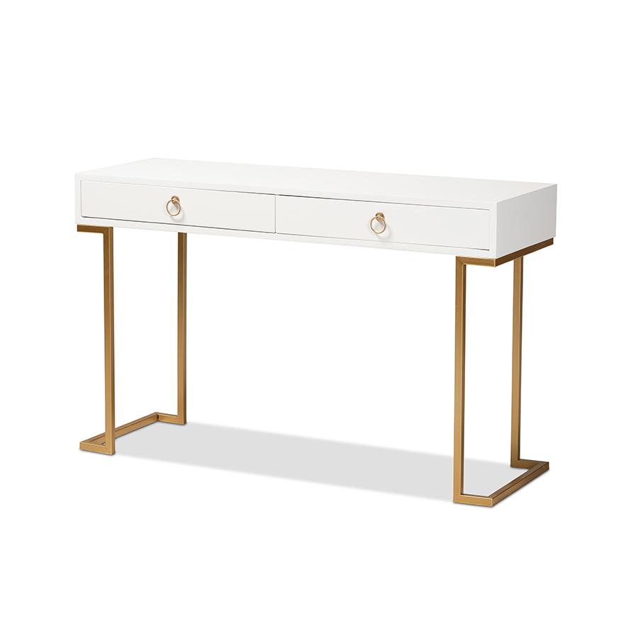 White Finished Wood and Gold Metal 2-Drawer Console Table. Picture 1