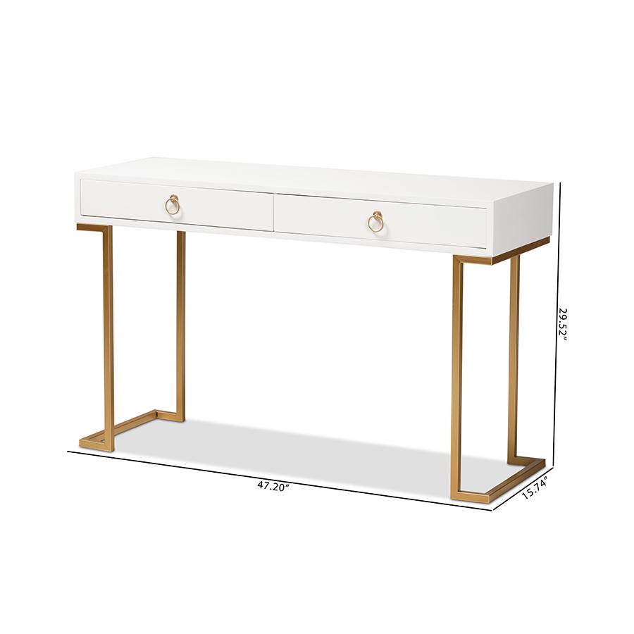 White Finished Wood and Gold Metal 2-Drawer Console Table. Picture 10