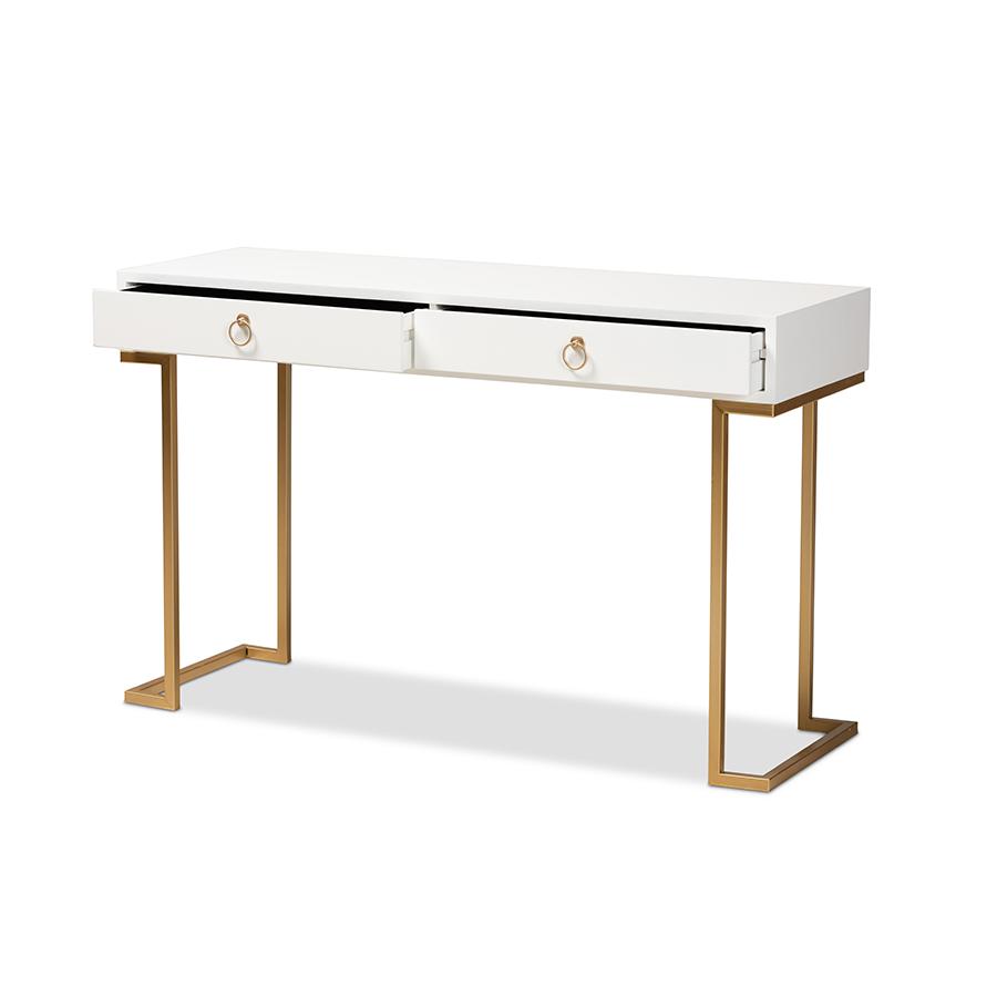 White Finished Wood and Gold Metal 2-Drawer Console Table. Picture 2