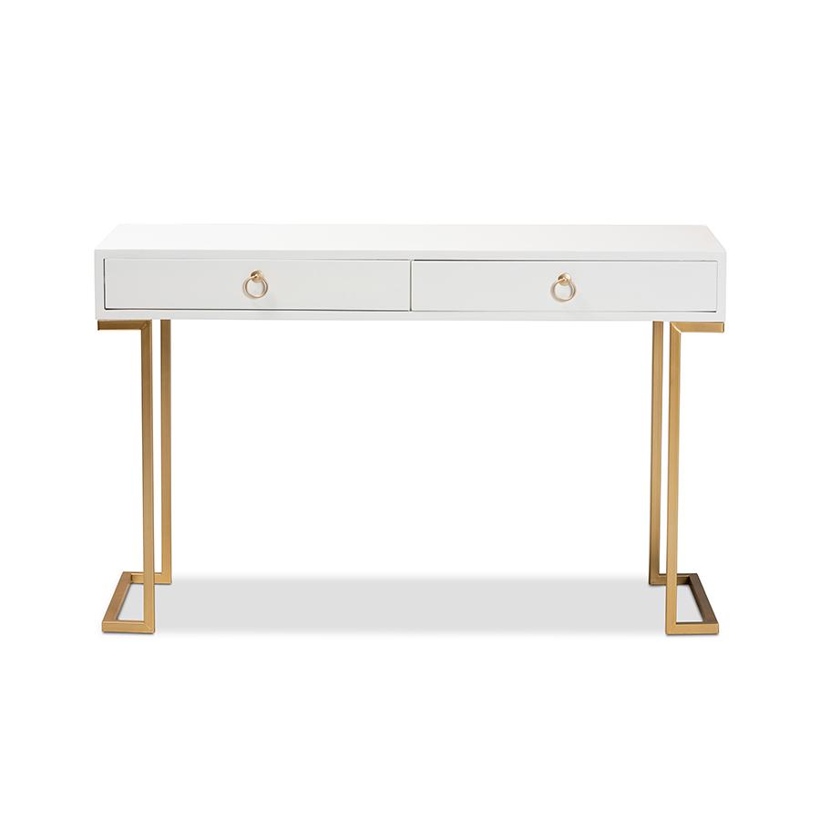 White Finished Wood and Gold Metal 2-Drawer Console Table. Picture 3