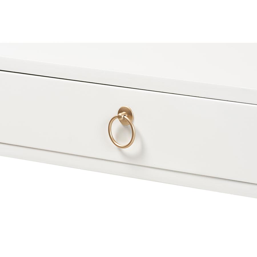 White Finished Wood and Gold Metal 2-Drawer Console Table. Picture 5