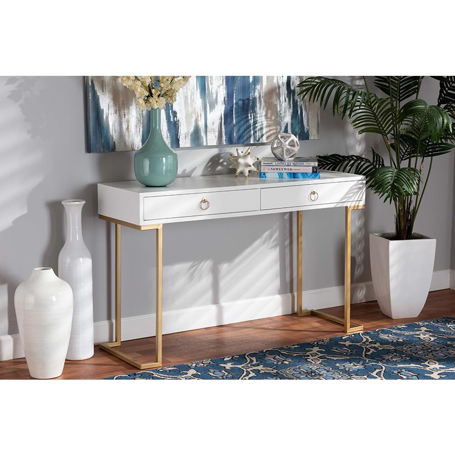 White Finished Wood and Gold Metal 2-Drawer Console Table. Picture 8