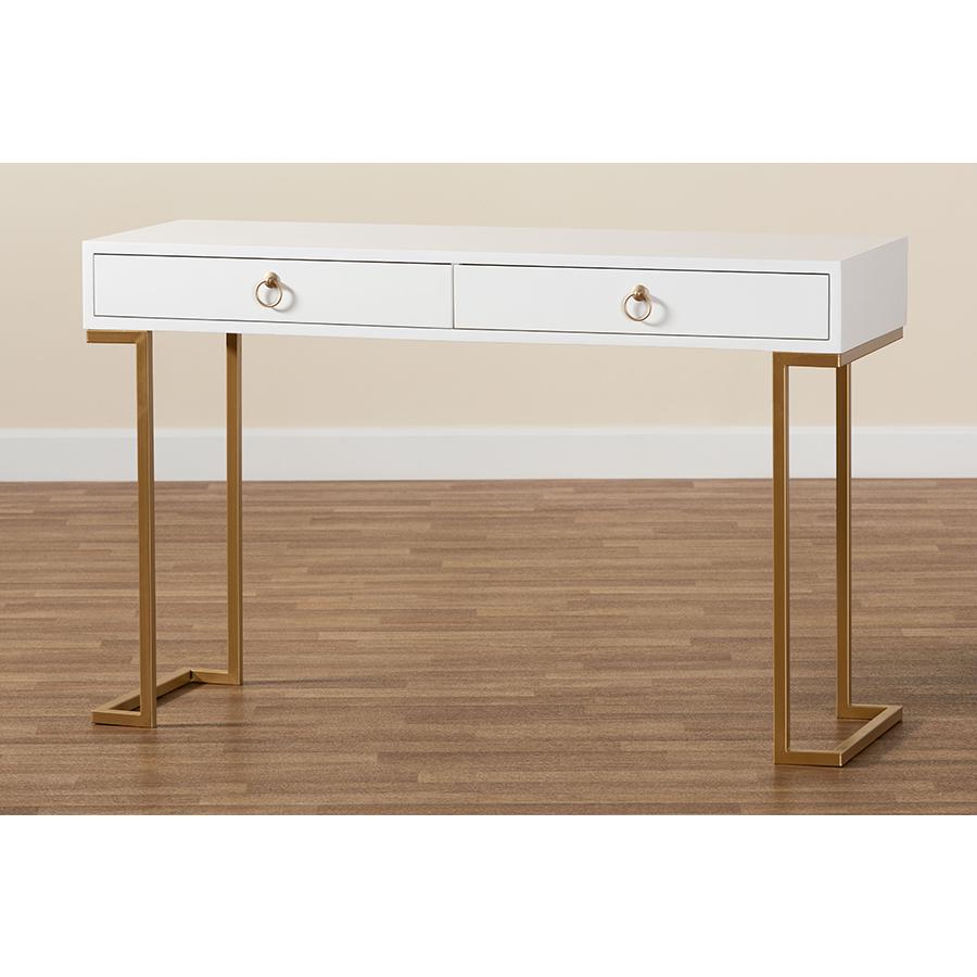 White Finished Wood and Gold Metal 2-Drawer Console Table. Picture 9