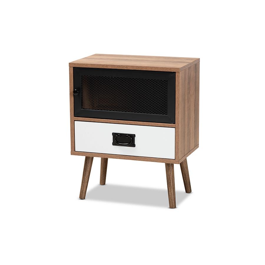 Baxton Studio Hubbard Mid-Century Modern Two-Tone Natural Brown and White Finished Wood and Black Metal 1-Drawer Nightstand. The main picture.