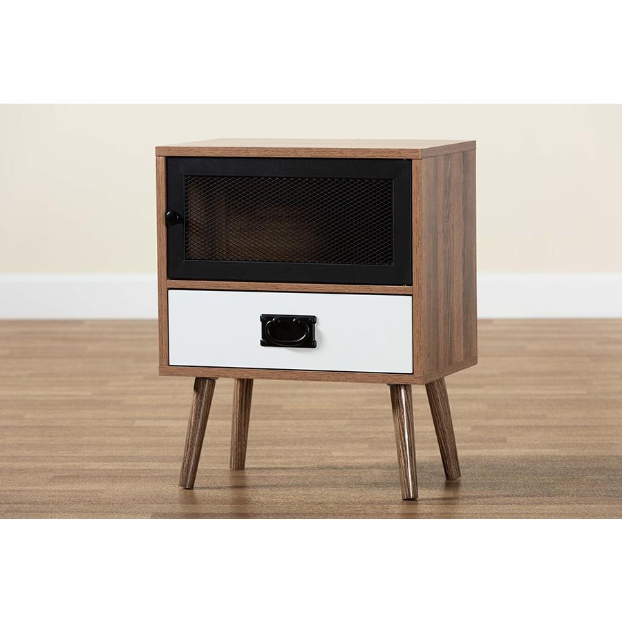 Baxton Studio Hubbard Mid-Century Modern Two-Tone Natural Brown and White Finished Wood and Black Metal 1-Drawer Nightstand. Picture 11