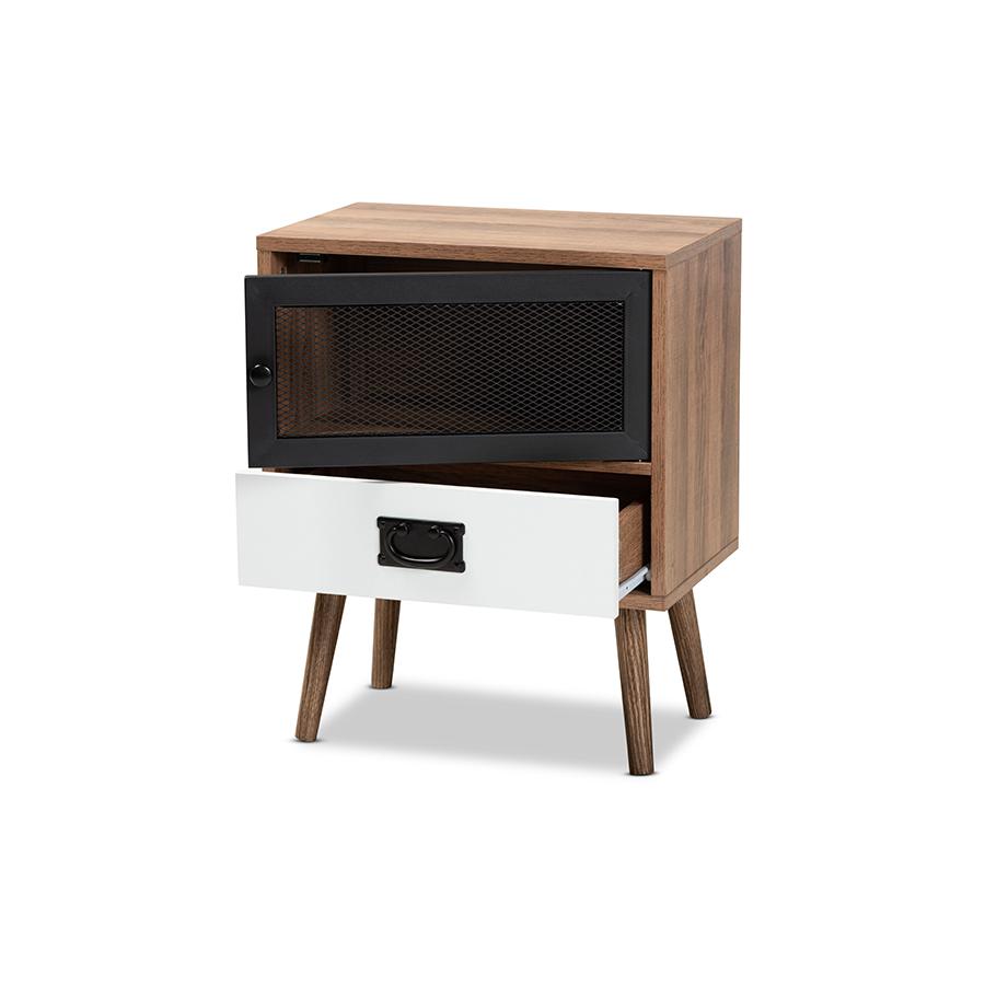 Baxton Studio Hubbard Mid-Century Modern Two-Tone Natural Brown and White Finished Wood and Black Metal 1-Drawer Nightstand. Picture 3