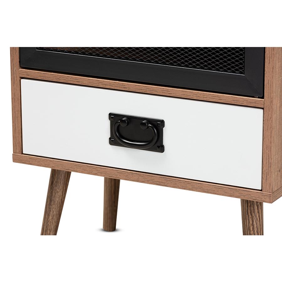 Baxton Studio Hubbard Mid-Century Modern Two-Tone Natural Brown and White Finished Wood and Black Metal 1-Drawer Nightstand. Picture 7