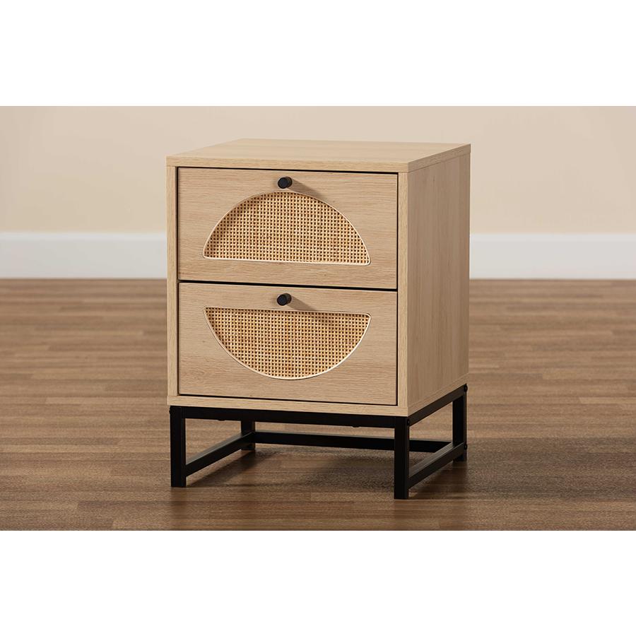 Black Metal 2-Drawer End Table with Natural Rattan. Picture 9