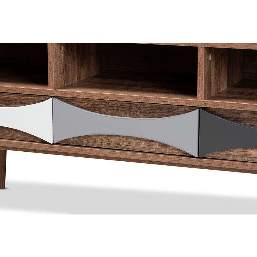 Natural Brown Finished and Multi-Colored Wood 3-Drawer TV Stand. Picture 5