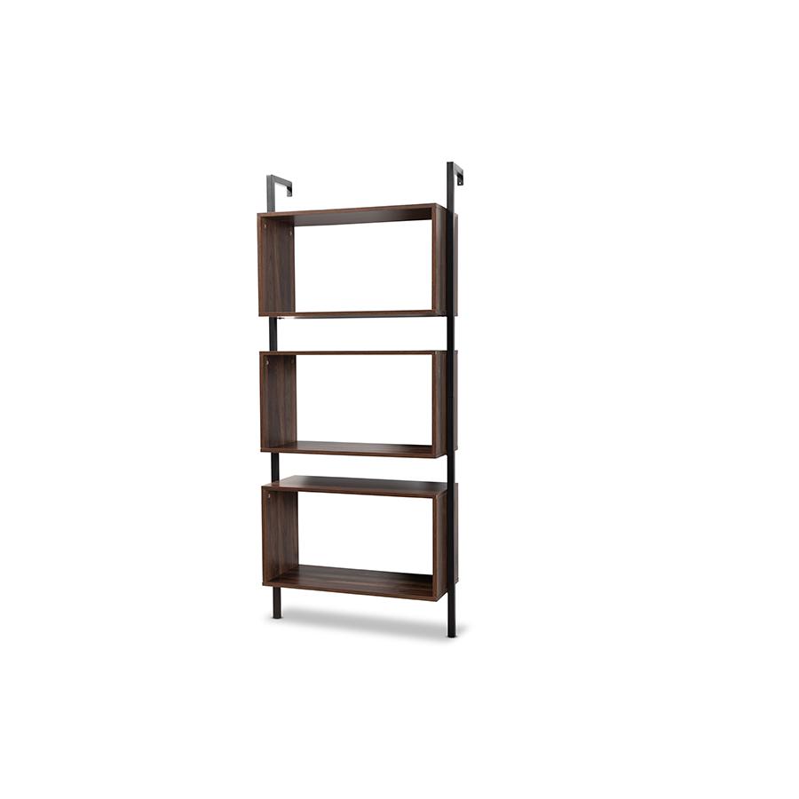 Industrial Walnut Brown Finished Wood and Black Metal 3-Tier Display Shelf. Picture 1