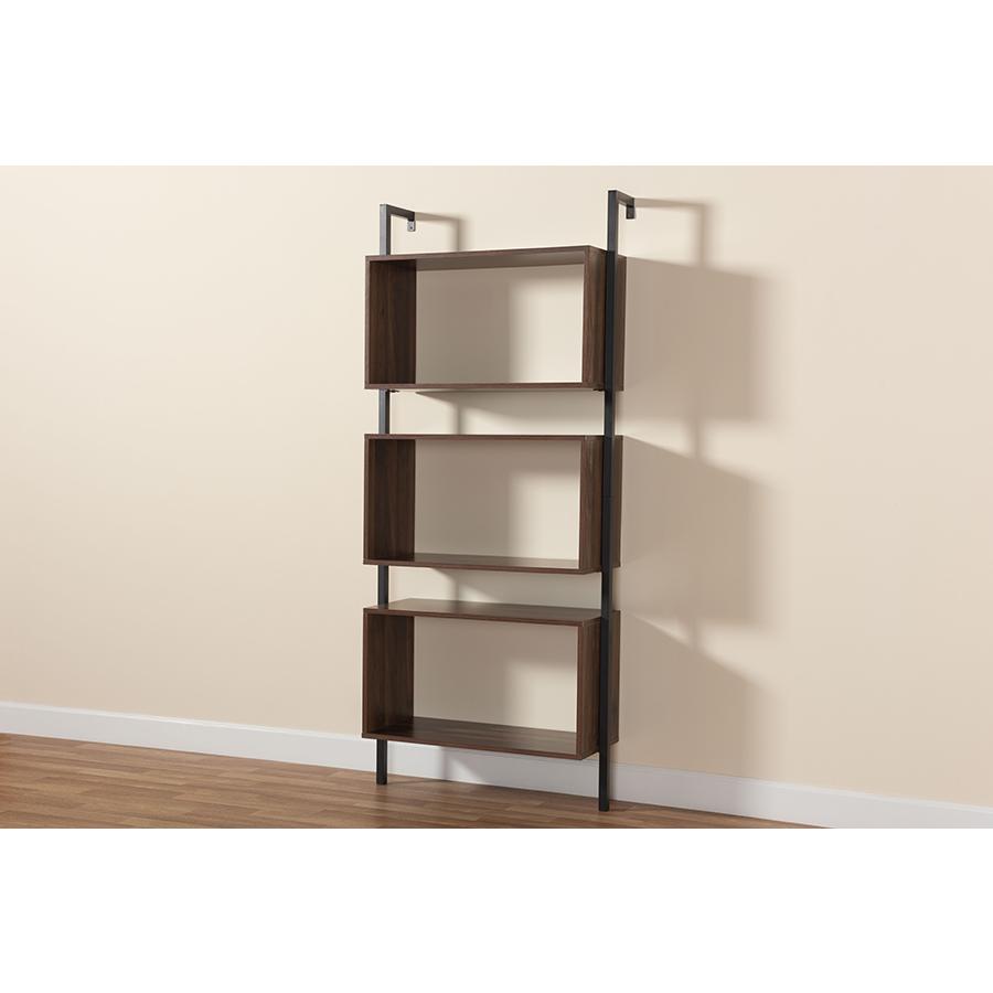 Industrial Walnut Brown Finished Wood and Black Metal 3-Tier Display Shelf. Picture 7