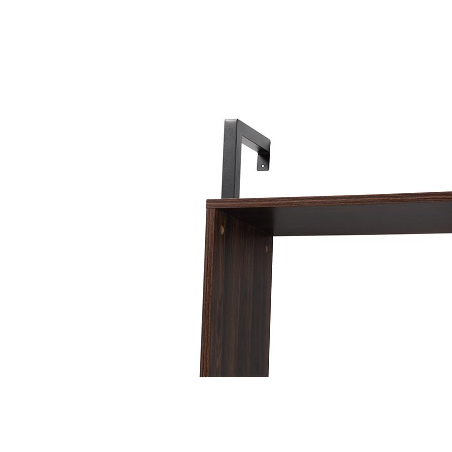 Industrial Walnut Brown Finished Wood and Black Metal Display Shelf with Desk. Picture 4