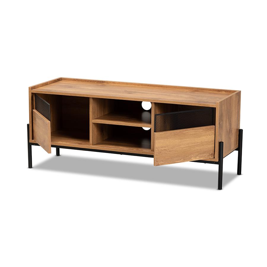 Baxton Studio Tasman Modern and Contemporary Industrial Natural Brown Finished Wood and Black Metal 2-Door TV Stand. Picture 3