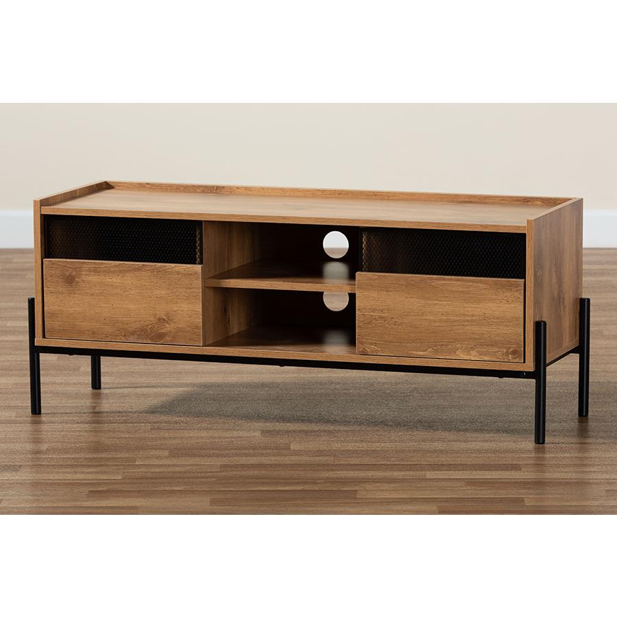 Baxton Studio Tasman Modern and Contemporary Industrial Natural Brown Finished Wood and Black Metal 2-Door TV Stand. Picture 10