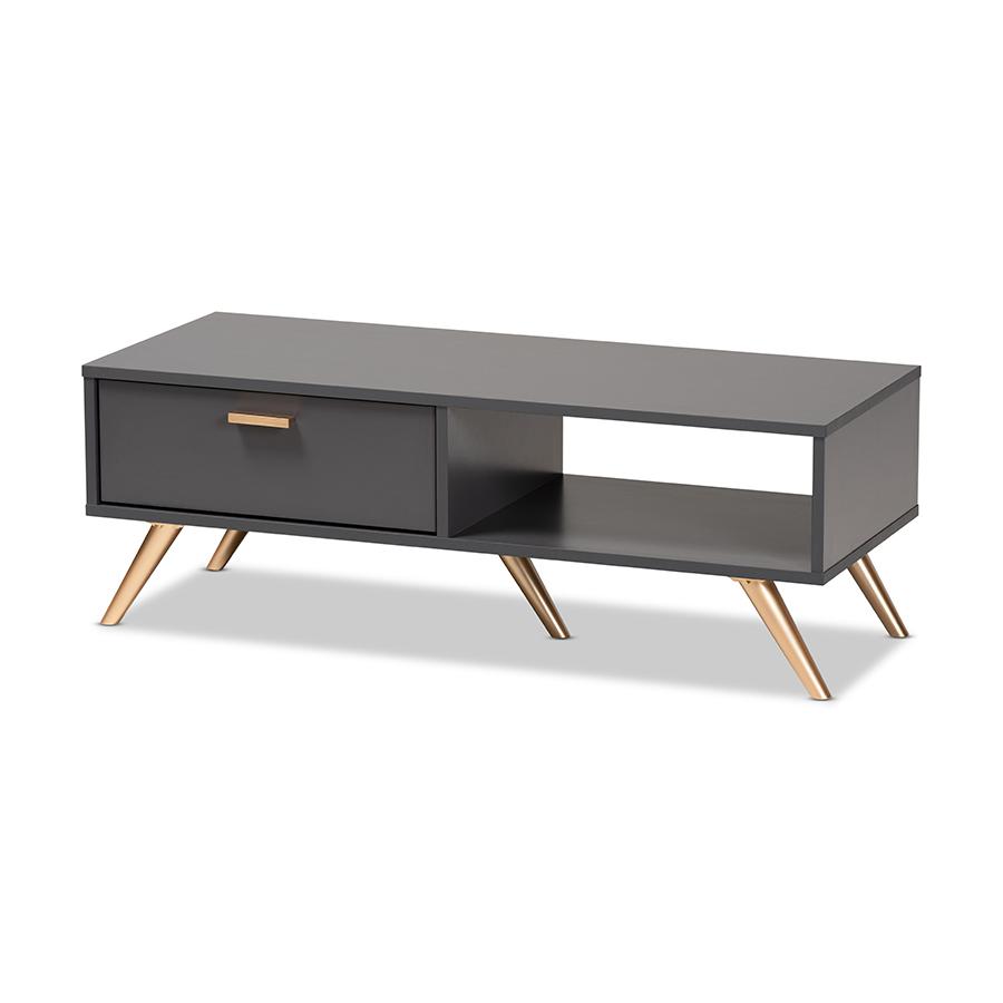 Kelson Modern and Contemporary Dark Grey and Gold Finished Wood Coffee Table. Picture 1
