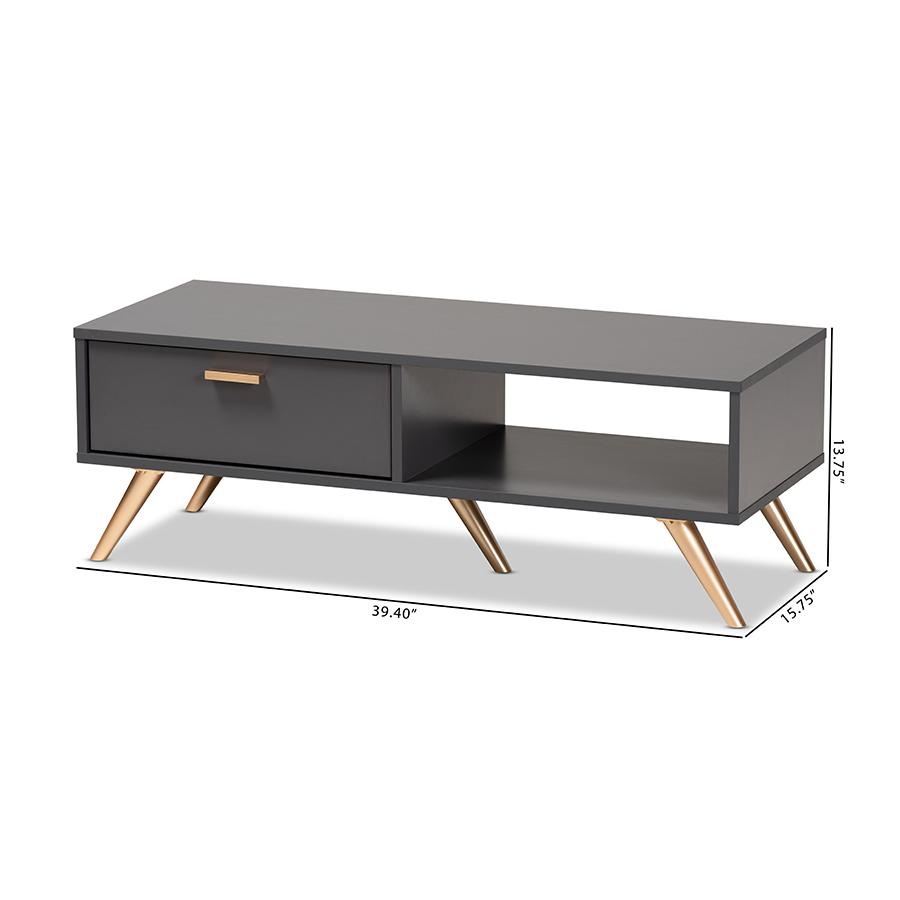 Kelson Modern and Contemporary Dark Grey and Gold Finished Wood Coffee Table. Picture 10