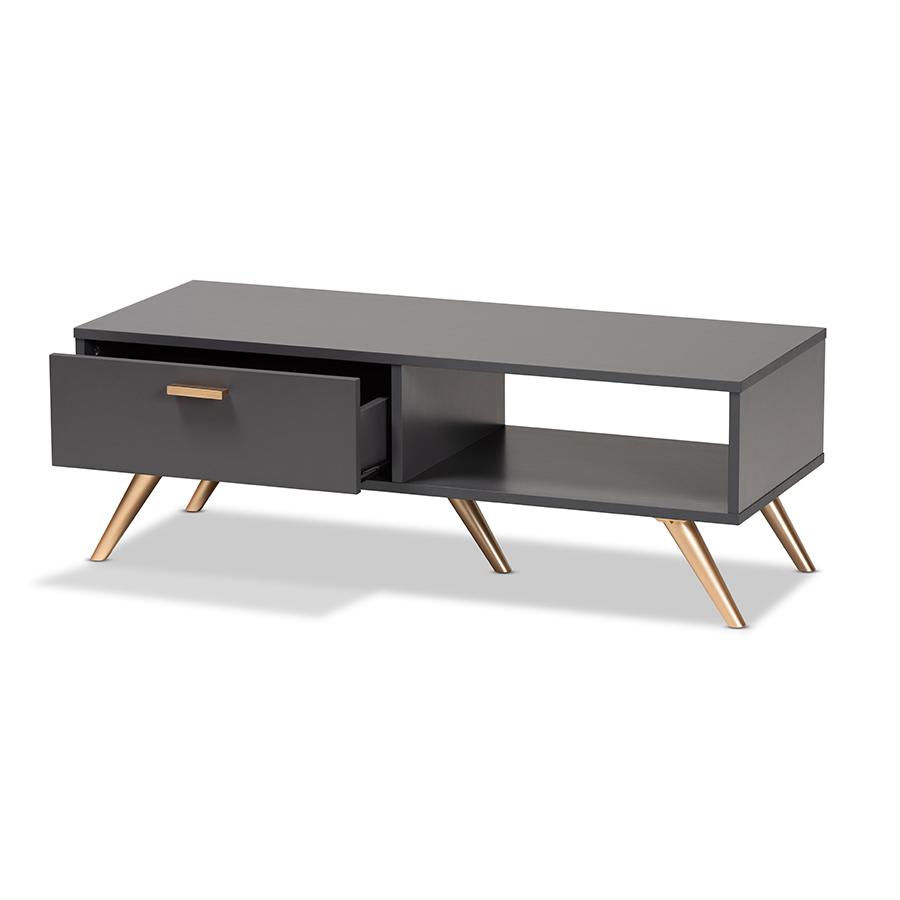 Kelson Modern and Contemporary Dark Grey and Gold Finished Wood Coffee Table. Picture 2