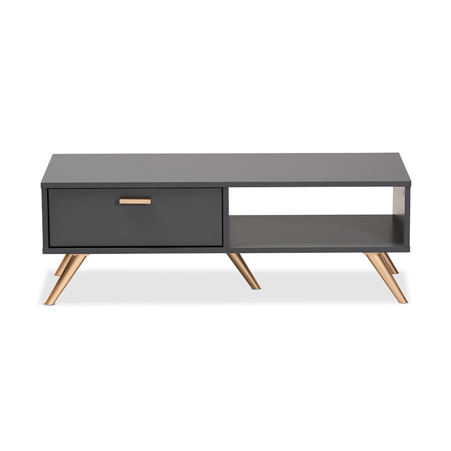 Kelson Modern and Contemporary Dark Grey and Gold Finished Wood Coffee Table. Picture 3
