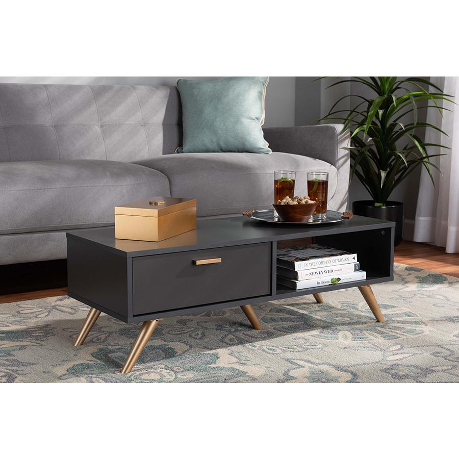 Kelson Modern and Contemporary Dark Grey and Gold Finished Wood Coffee Table. Picture 8